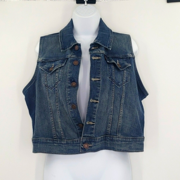 Levi’s Blue Denim Button Front Red Tag Vest sleeveless jean Jacket - Picture 1 of 6